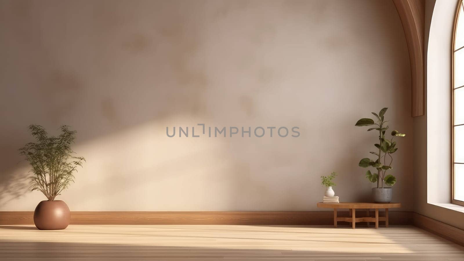 3d rendering of the empty living room with a potted plants on floor and white walls.