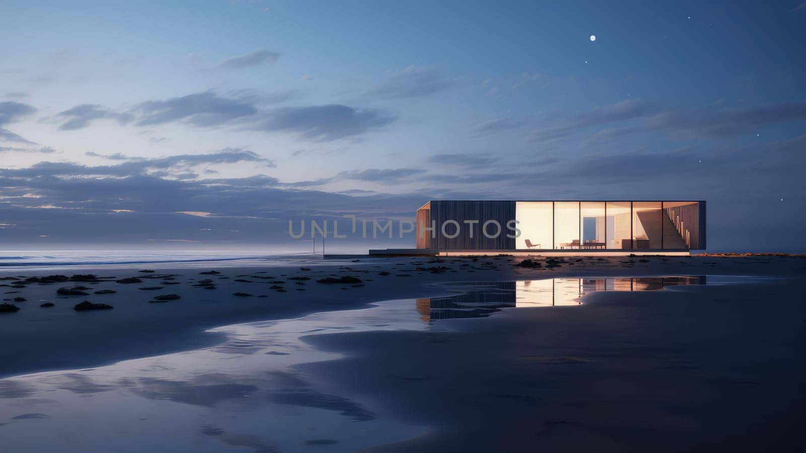 3D rendering of a small house on a sea beach. The ocean is visible in the distance.