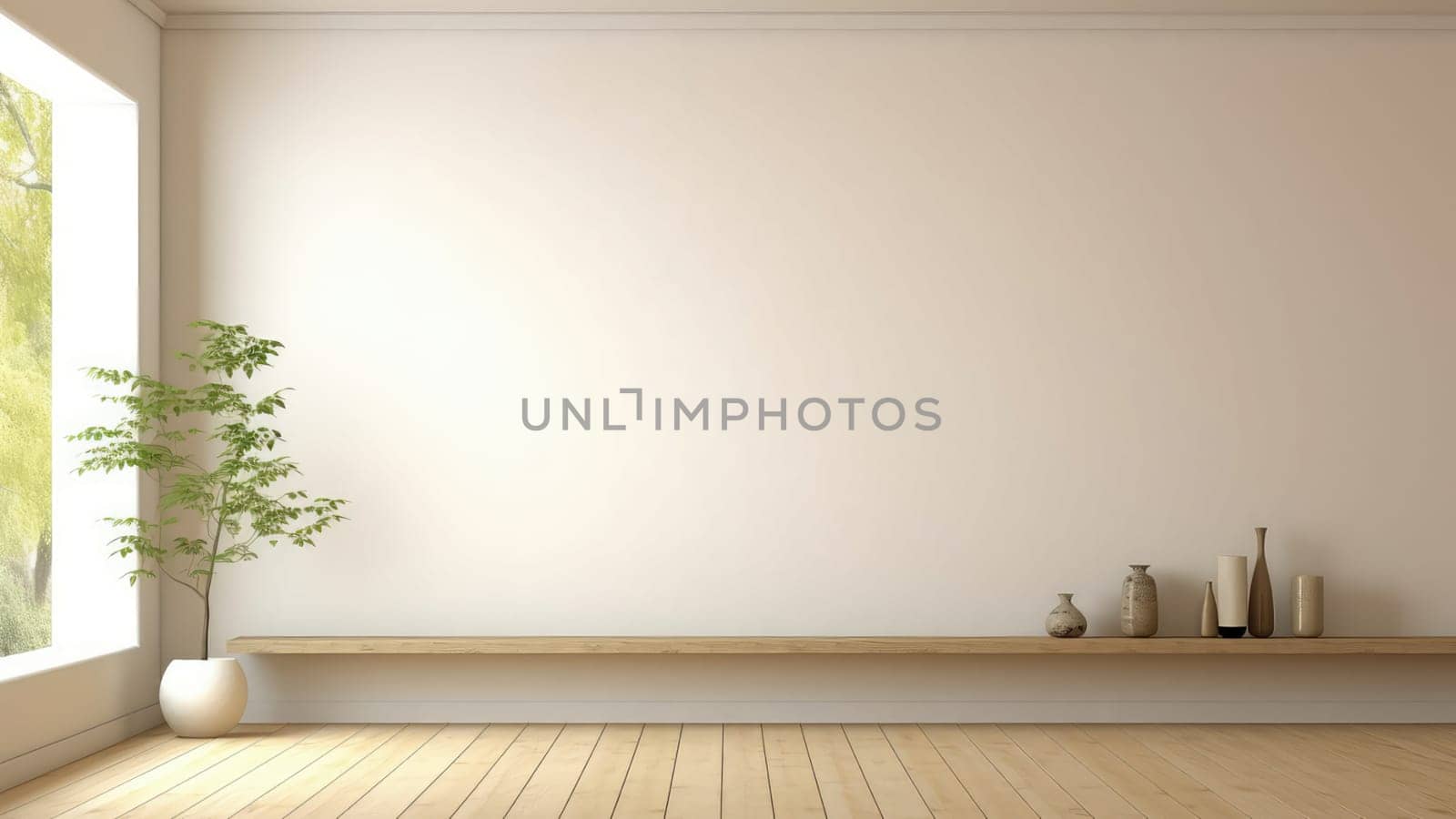 3D interior rendering of a built-in wooden shelving on a concrete wall and potted plant in living room. The room is decorated in a cozy and hospitality style.