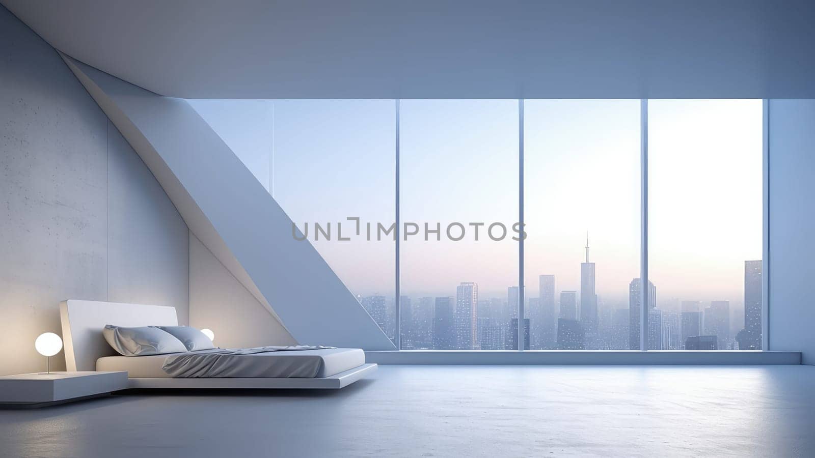 3d rendering of a bedroom with a large window overlooking the cityscape.