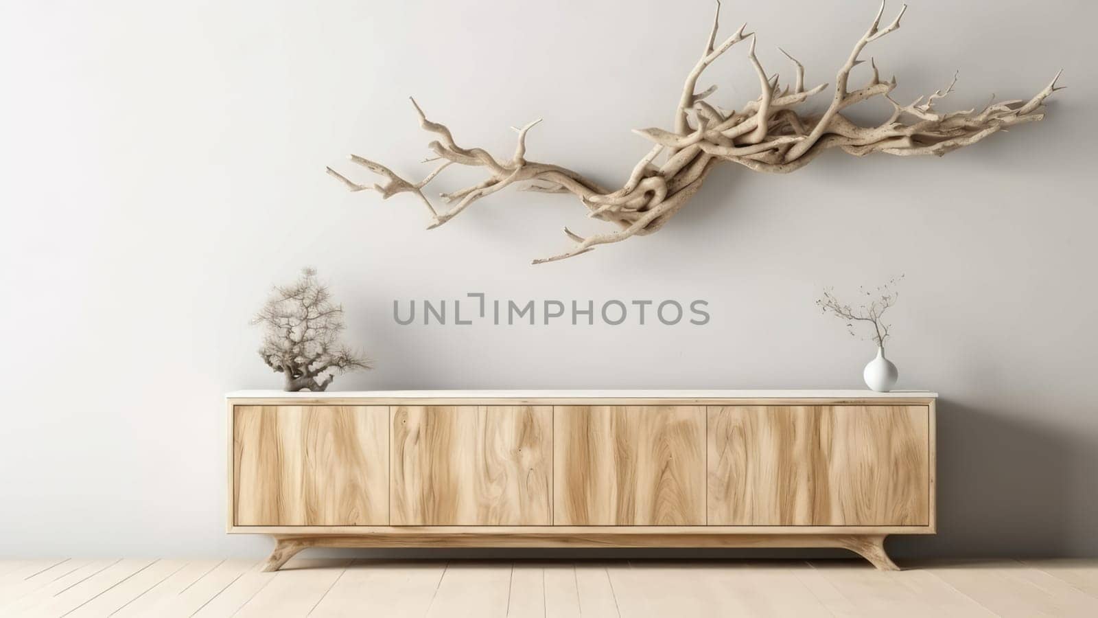 3d rendering of an upholstery sofa in living room with a dried tree branch on wall. The living room is spacious and has a lot of natural light.