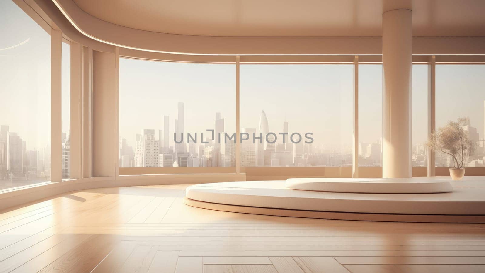 3d rendering of a pedestal stand for display in living room with a large window overlooking the cityscape.