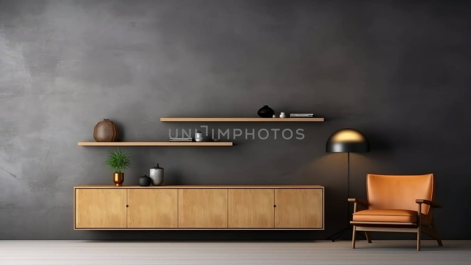 3D rendering interior of a wooden dining table in a modern dining room. The room is clean and tidy, and there is plenty of natural light.