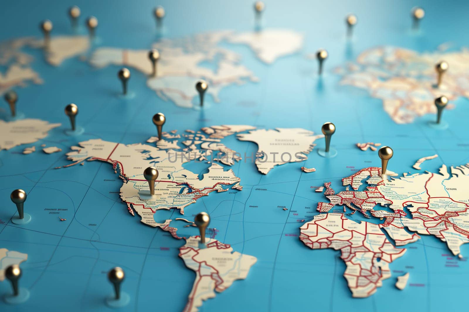 Location marks on the world map. Abstract image of a map with continents and oceans of the world.