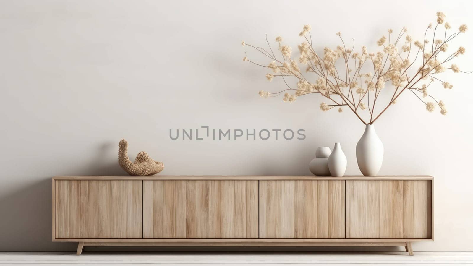 3D interior rendering of a potted plant and a wooden storage cabinet in the living room. The living room is spacious and has a lot of natural light.