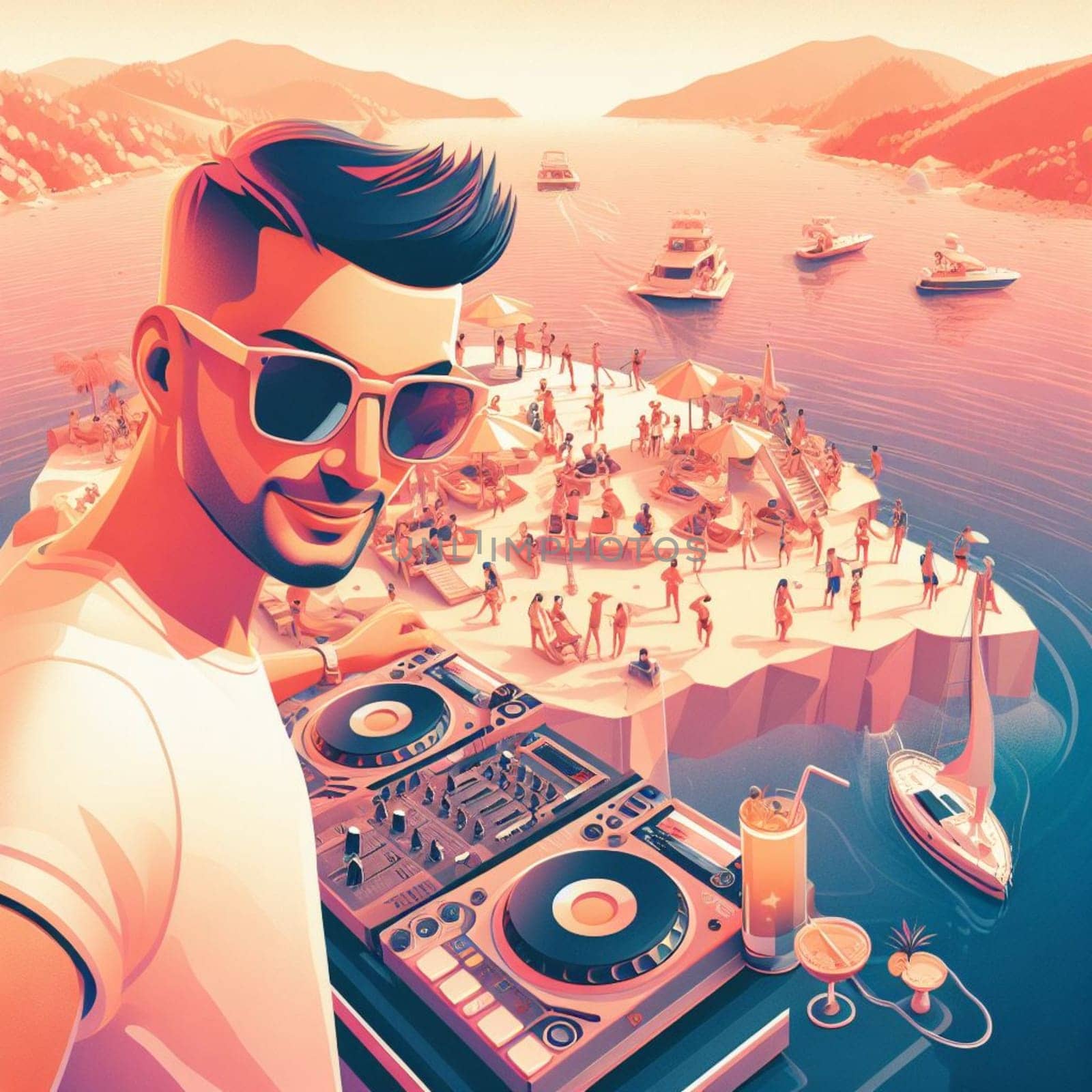 young deejay, wear glasses earphone hosting dj set at crowded beach party tropical island isometric ai generative ai art