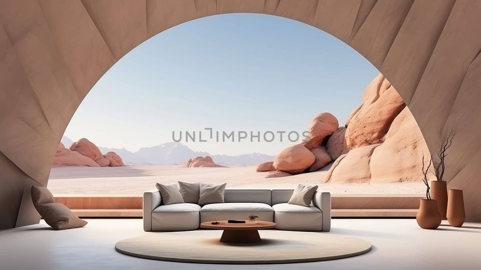 3D rendering of an upholstery cushion sofa in a living room with desert view background.