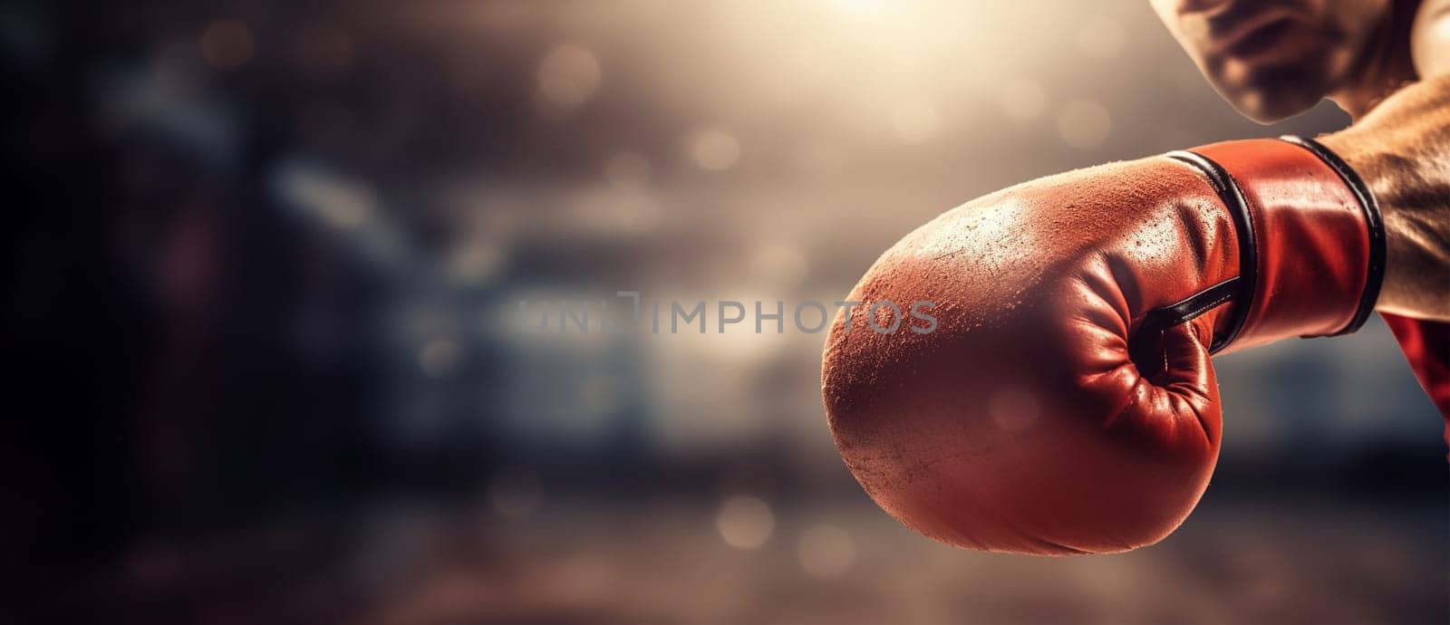 Boxer in action. Young confident african american boxer standing in pose and ready to fight, stadium background, copy space Sports concept Space for text