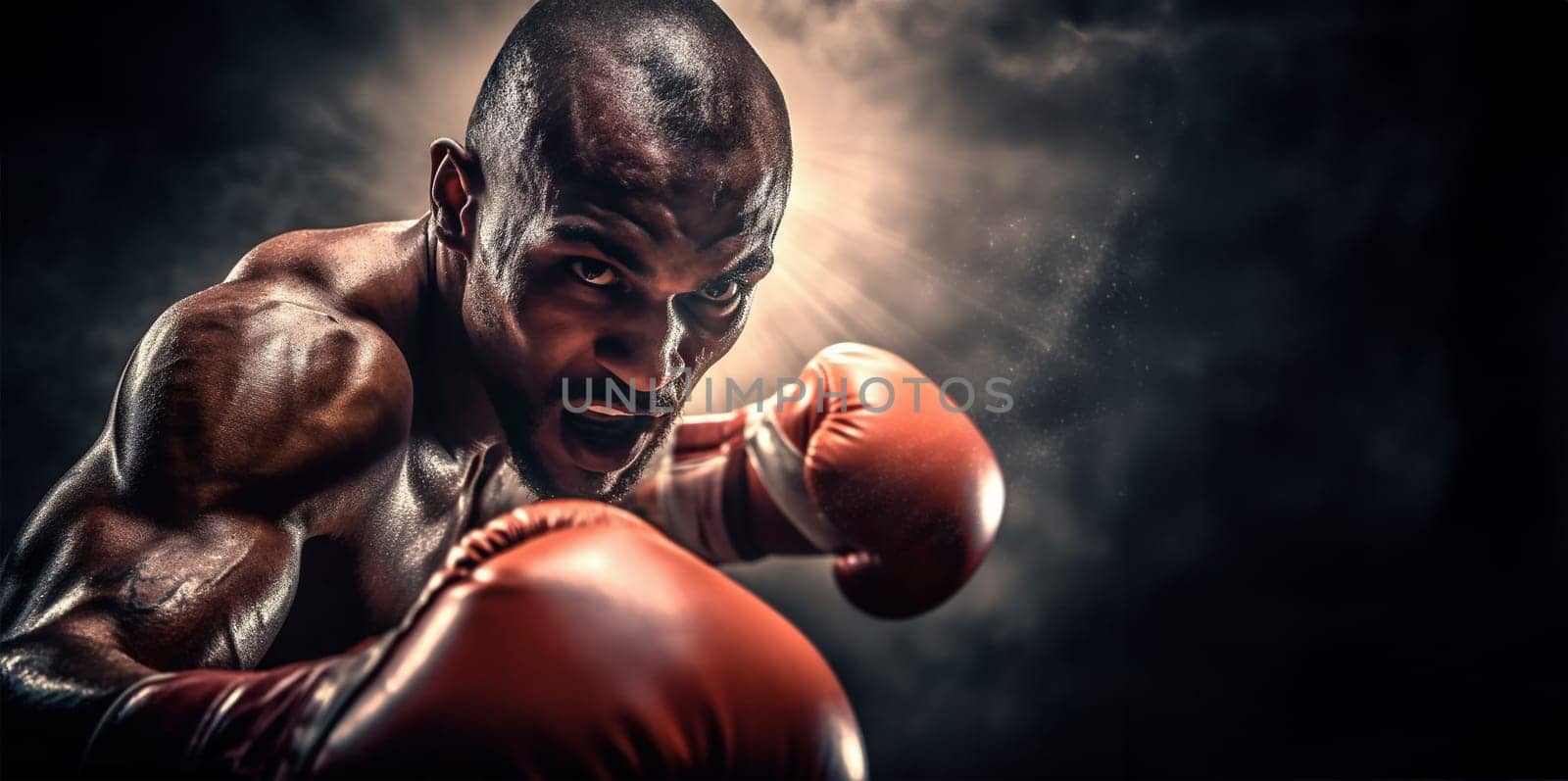 Boxer in action. Young confident african american boxer standing in pose and ready to fight, stadium background, copy space Sports concept Space for text