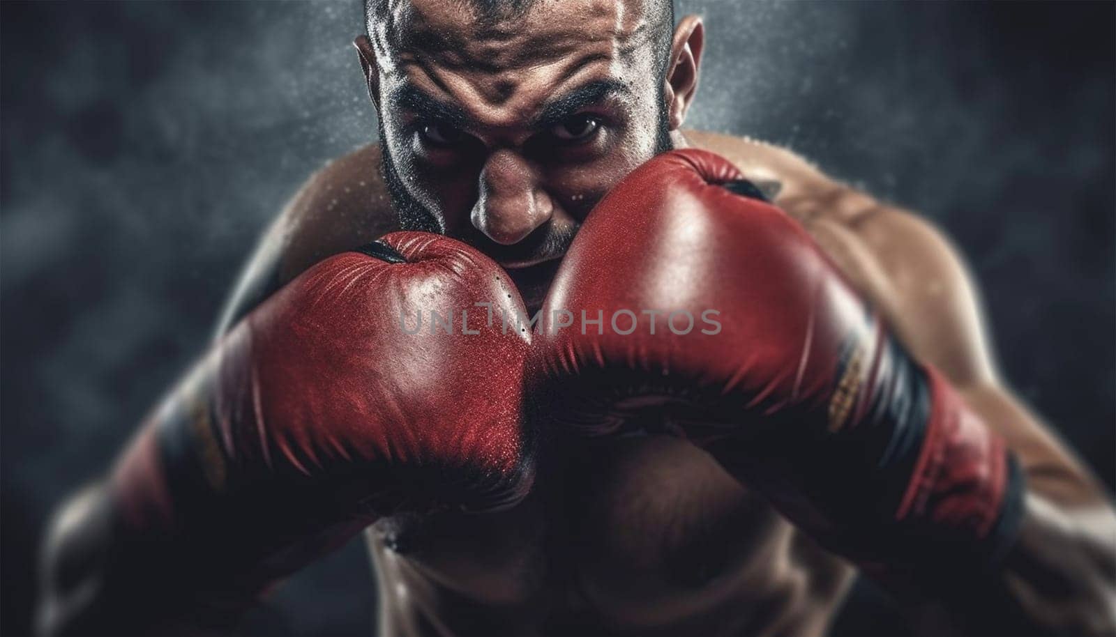 Boxer in action. Young confident african american boxer standing in pose and ready to fight, stadium background, copy space Sports concept Space for text