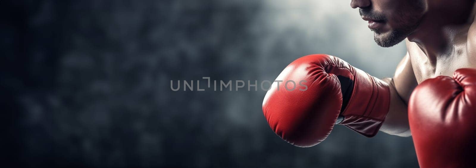 Boxer in action. Young confident african american boxer standing in pose and ready to fight, stadium background, copy space Sports concept Space for text