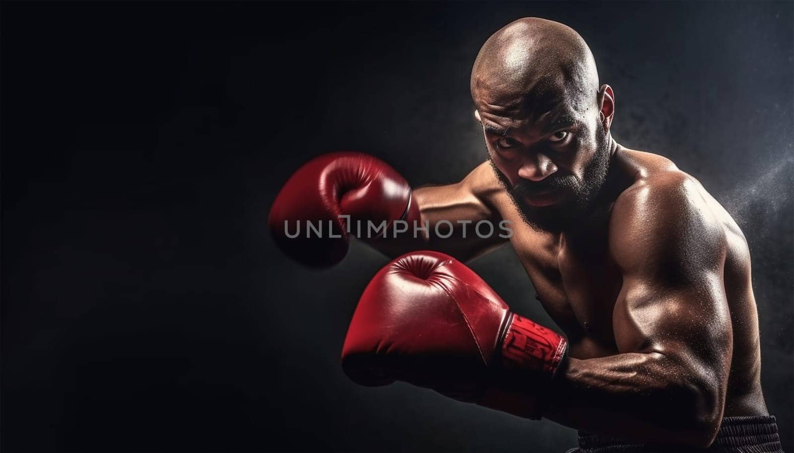 Boxer in action. Young confident african american boxer standing in pose and ready to fight, stadium background, copy space Sports concept Space for text
