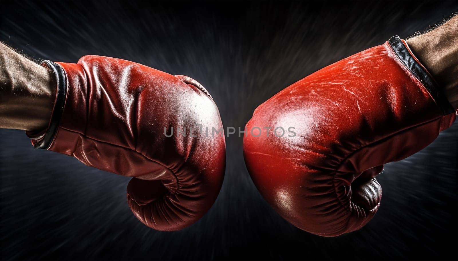 Red boxing gloves in action on dark background with copy space. Sports and leisure. Sports advertising. Confidence and power. Boxer sport concept Space for text
