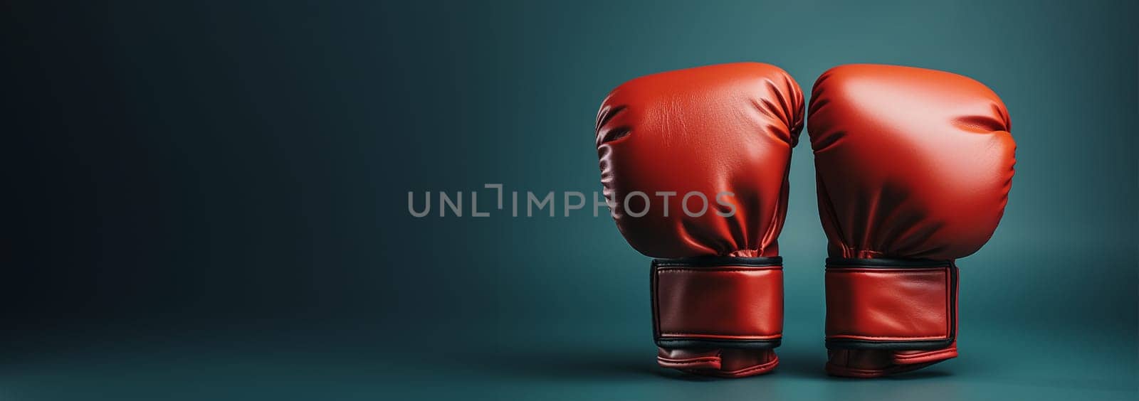 Red boxing gloves in action on dark background with copy space. Sports and leisure. Sports advertising. Confidence and power. Boxer sport concept Space for text