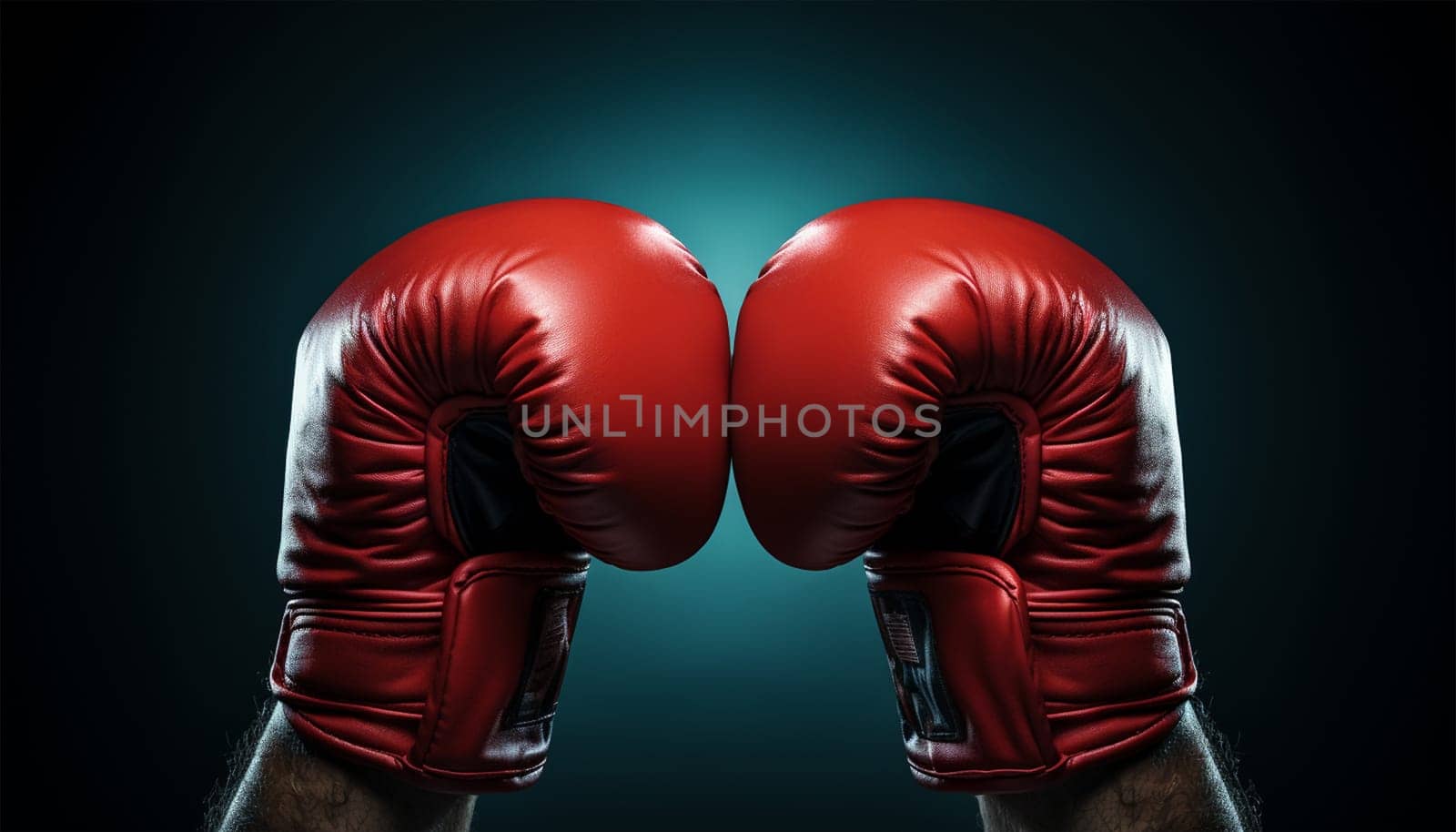 Red boxing gloves in action on dark background with copy space. Sports and leisure. Sports advertising. Confidence and power. Boxer sport concept Space for text