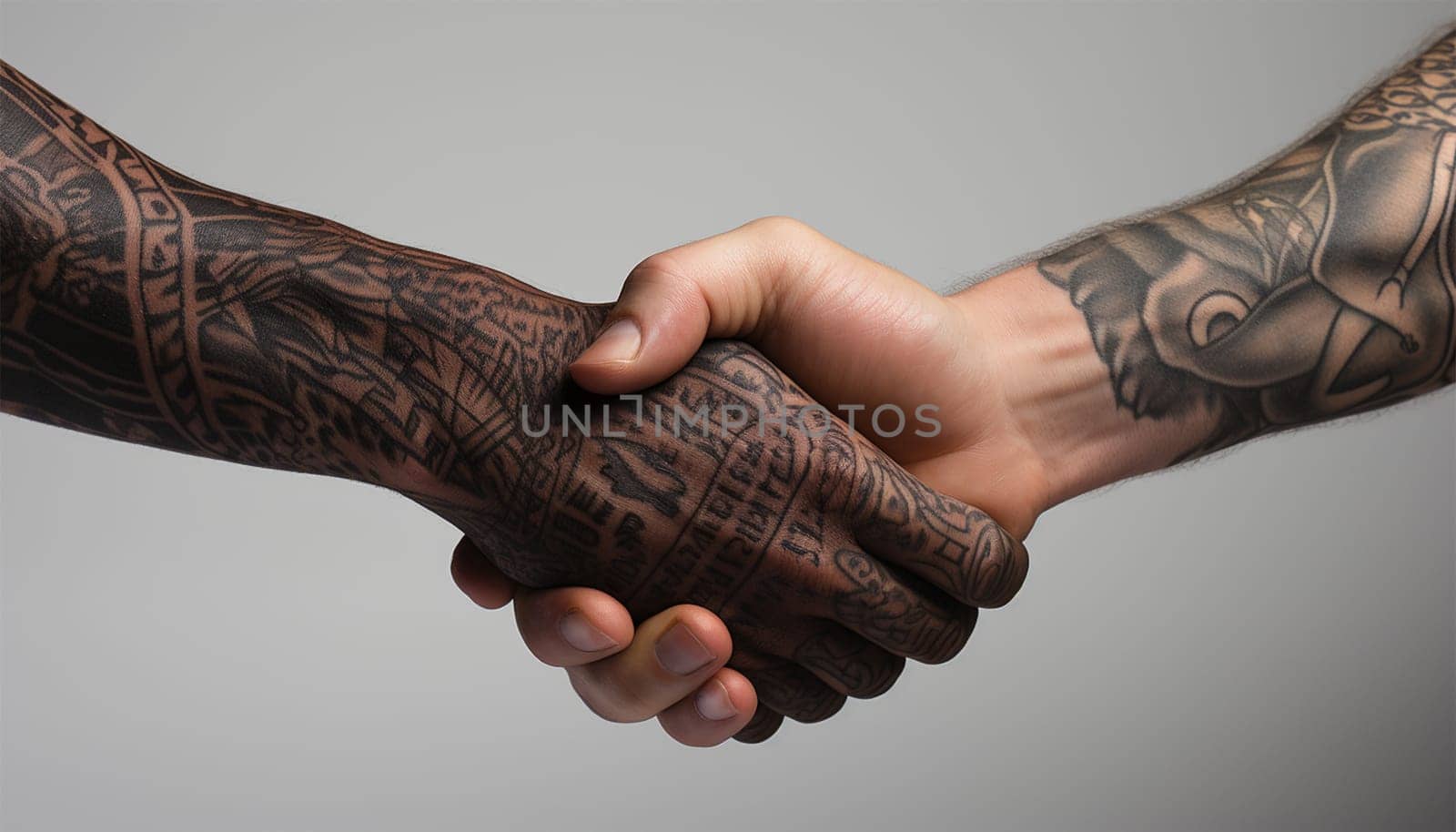 Close up two tattooed man shaking hand on white background. Athletes shaking hands before sports competition. Unity and teamwork concept. Hipster man with tattoo