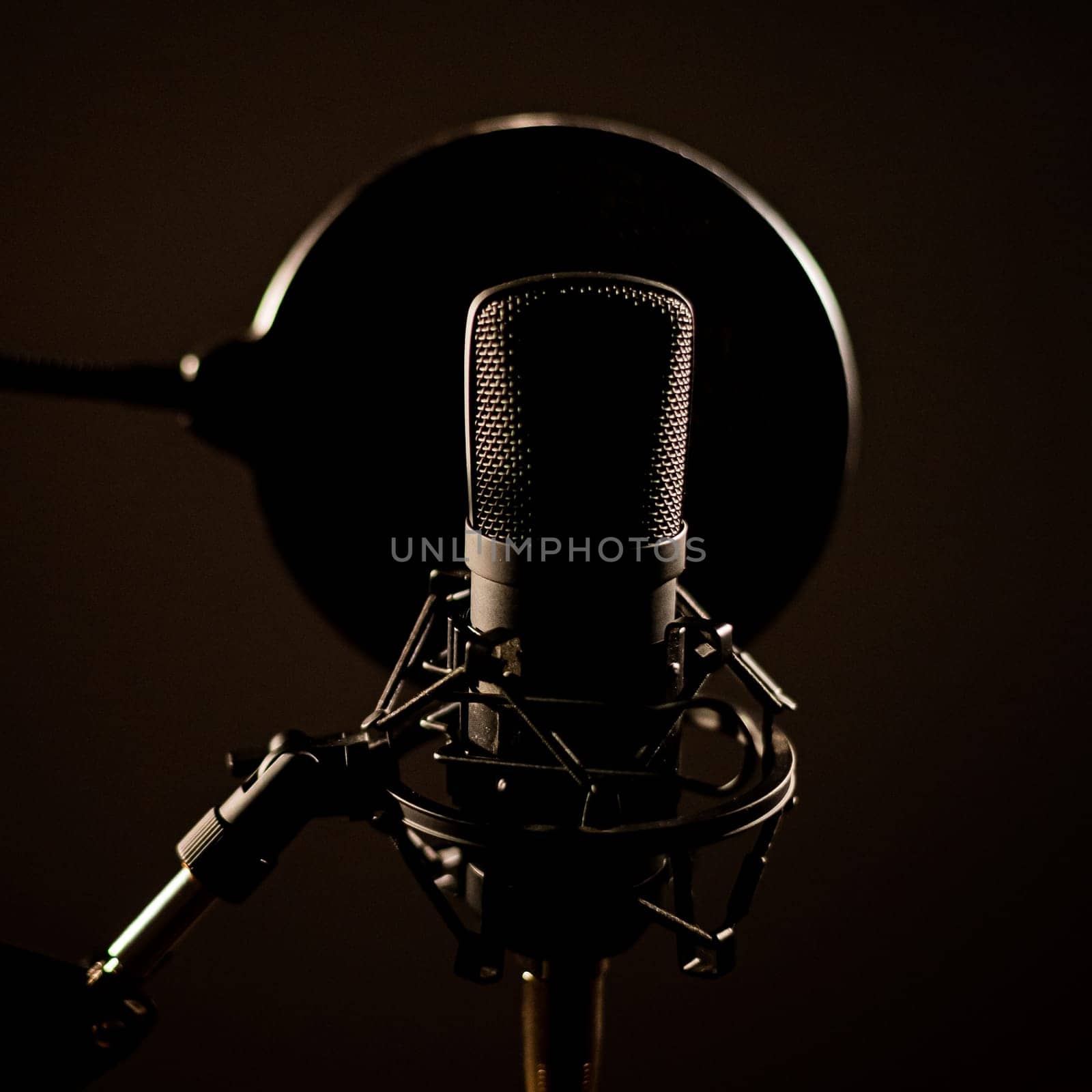 Professional microphone on a dark background.