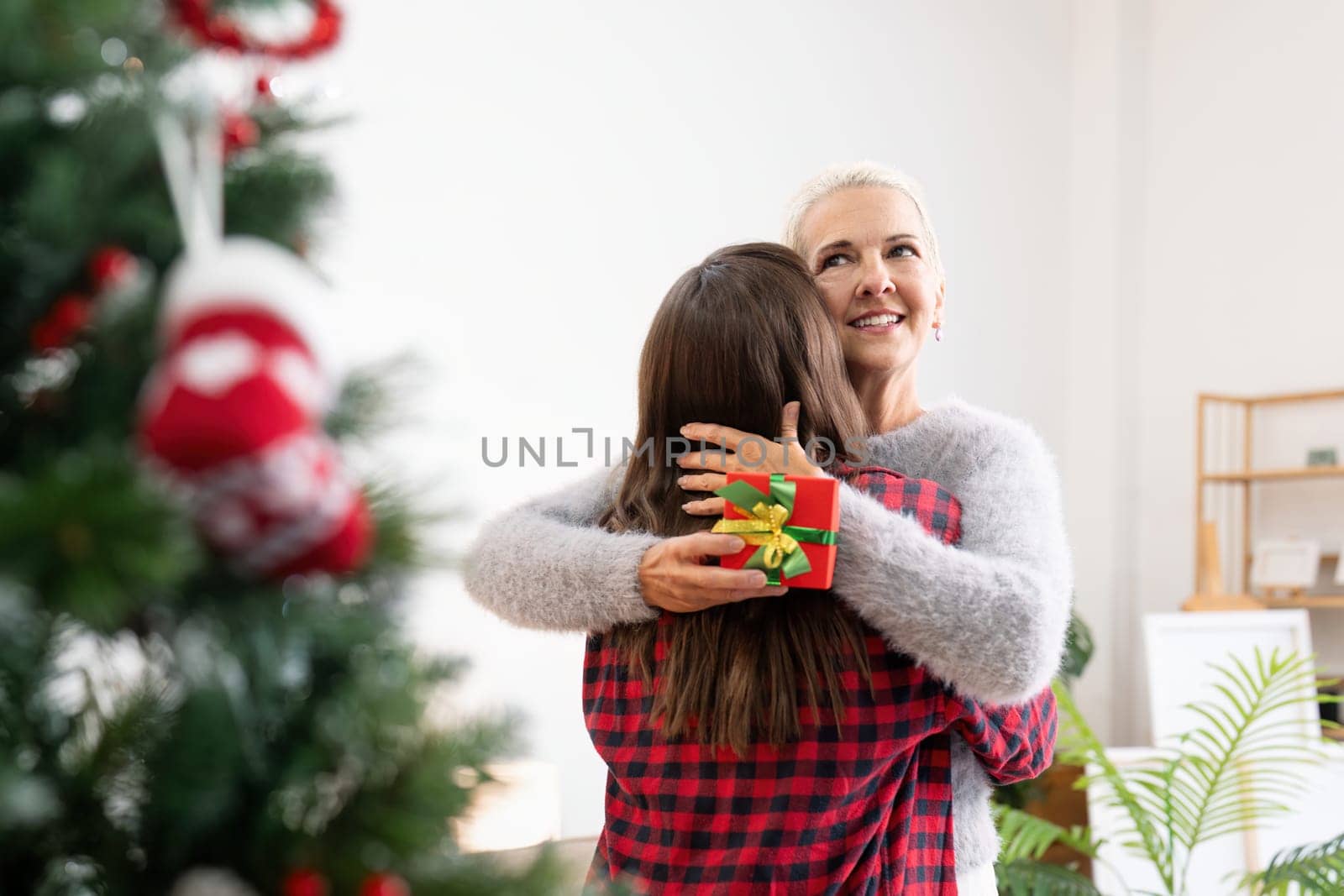 Young woman giving present to happy mother and embrace indoors at home at Christmas by nateemee