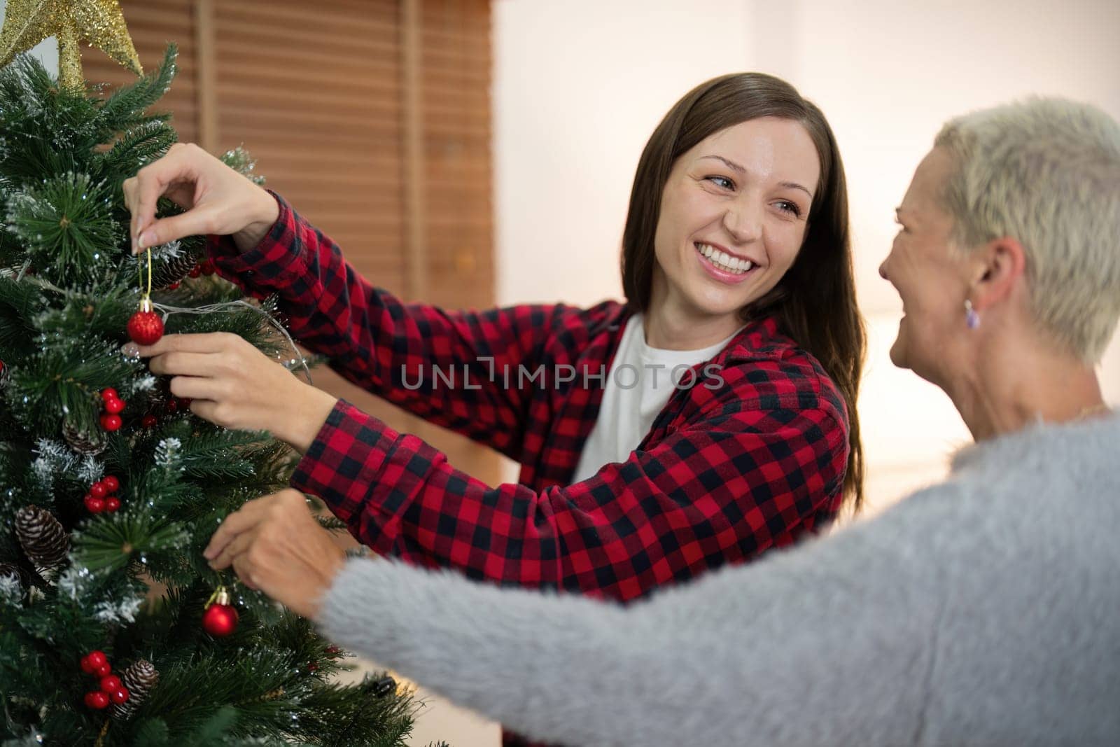 Family winter holiday and concept happy senior woman with adult daughter decorate christmas tree at home.