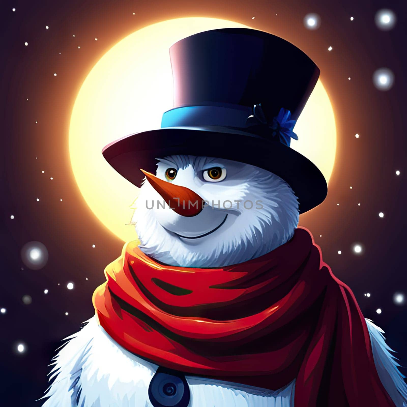 Nice snowman wearing a carrot nose, red scarf and hat while smiling by EkaterinaPereslavtseva