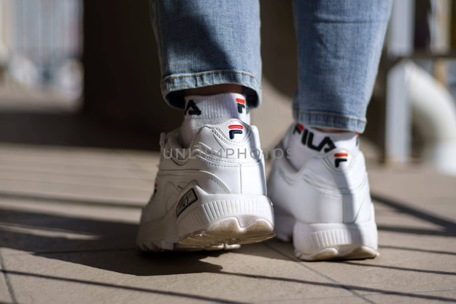 Tyumen, Russia-September 23, 2023: Fila shoe, model disruptor 2 white popular. Fila is one of the world's largest sportswear companies.