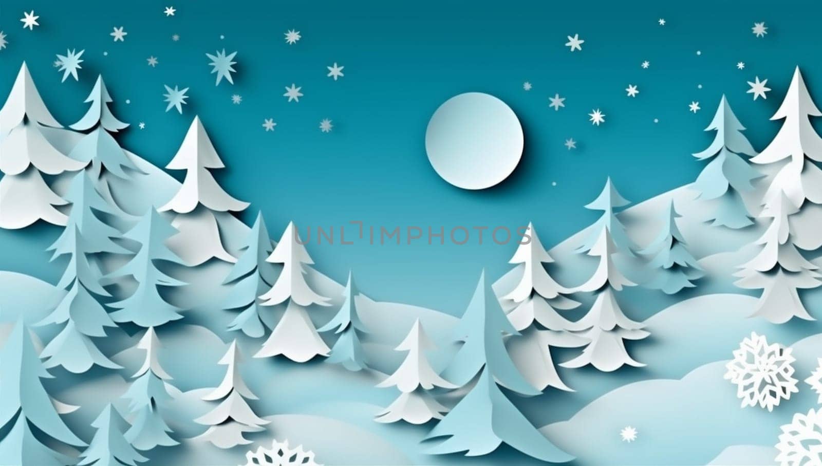 winter concept white new card paper art blue illustration cartoon greeting happy year snowflakes merry christmas tree cardboard origami background landscape scene. Generative AI.