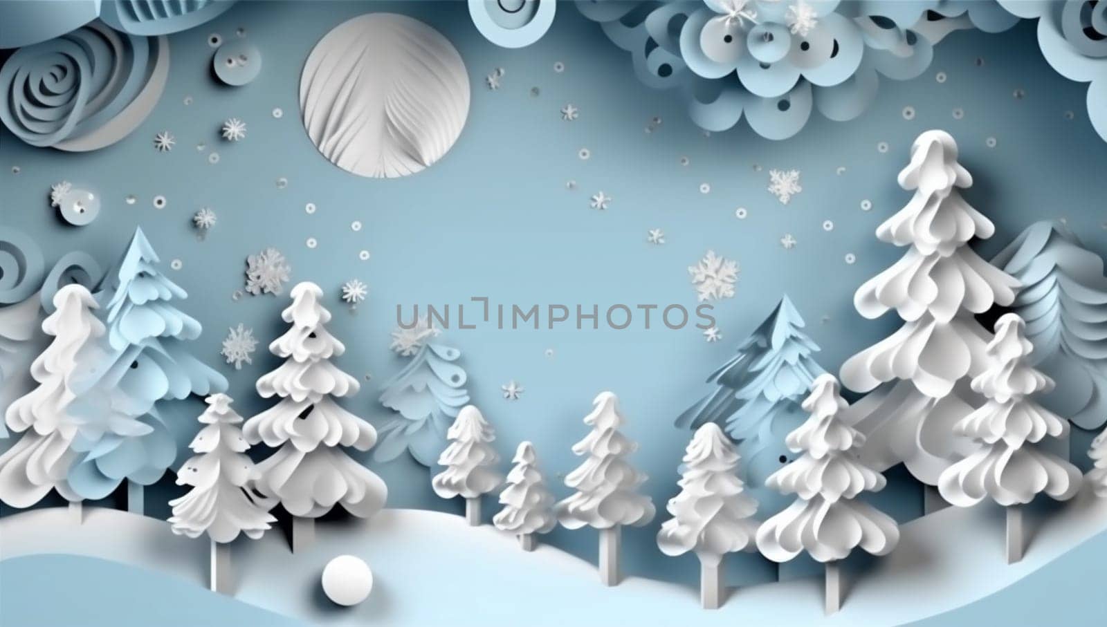 paper merry snowflakes art origami blue tree background christmas card winter. Generative AI. by Vichizh