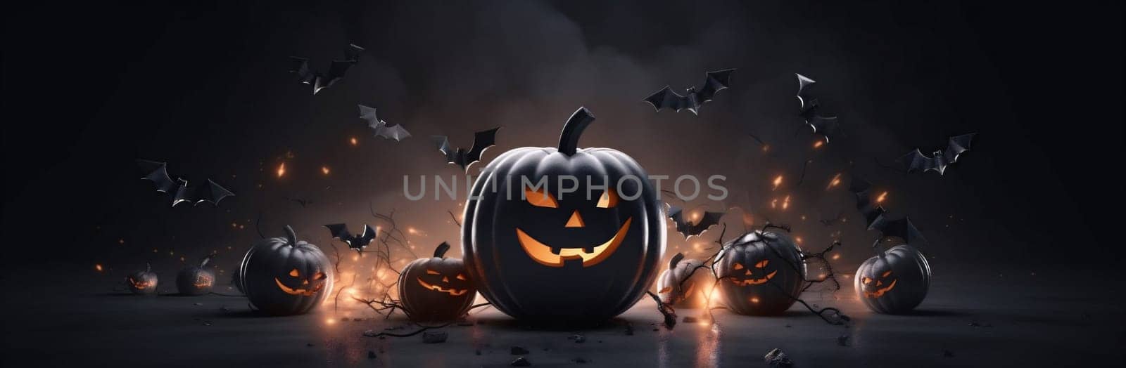 card design wood pumpkin jack-o-lantern forest scary fear night background blue mystery horror table black halloween bat silhouette sky grunge light. Generative AI.