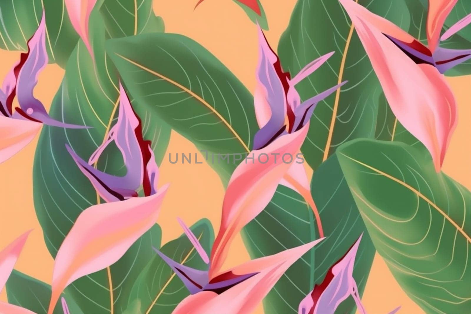 tropical seamless nature orange pink white pattern decoration colorful vintage hawaiian leaf art trendy blossom jungle abstract wallpaper fashion flower. Generative AI.