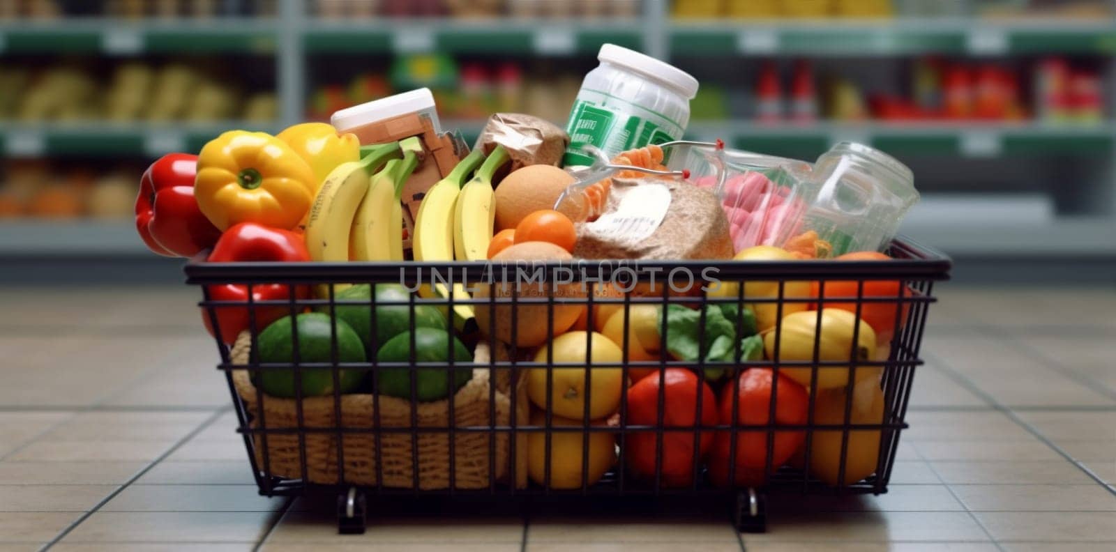 cart supermarket food market person buyer basket red store retail organic delivery merchandise purchase shelf shopping grocery shop sell illustration. Generative AI.