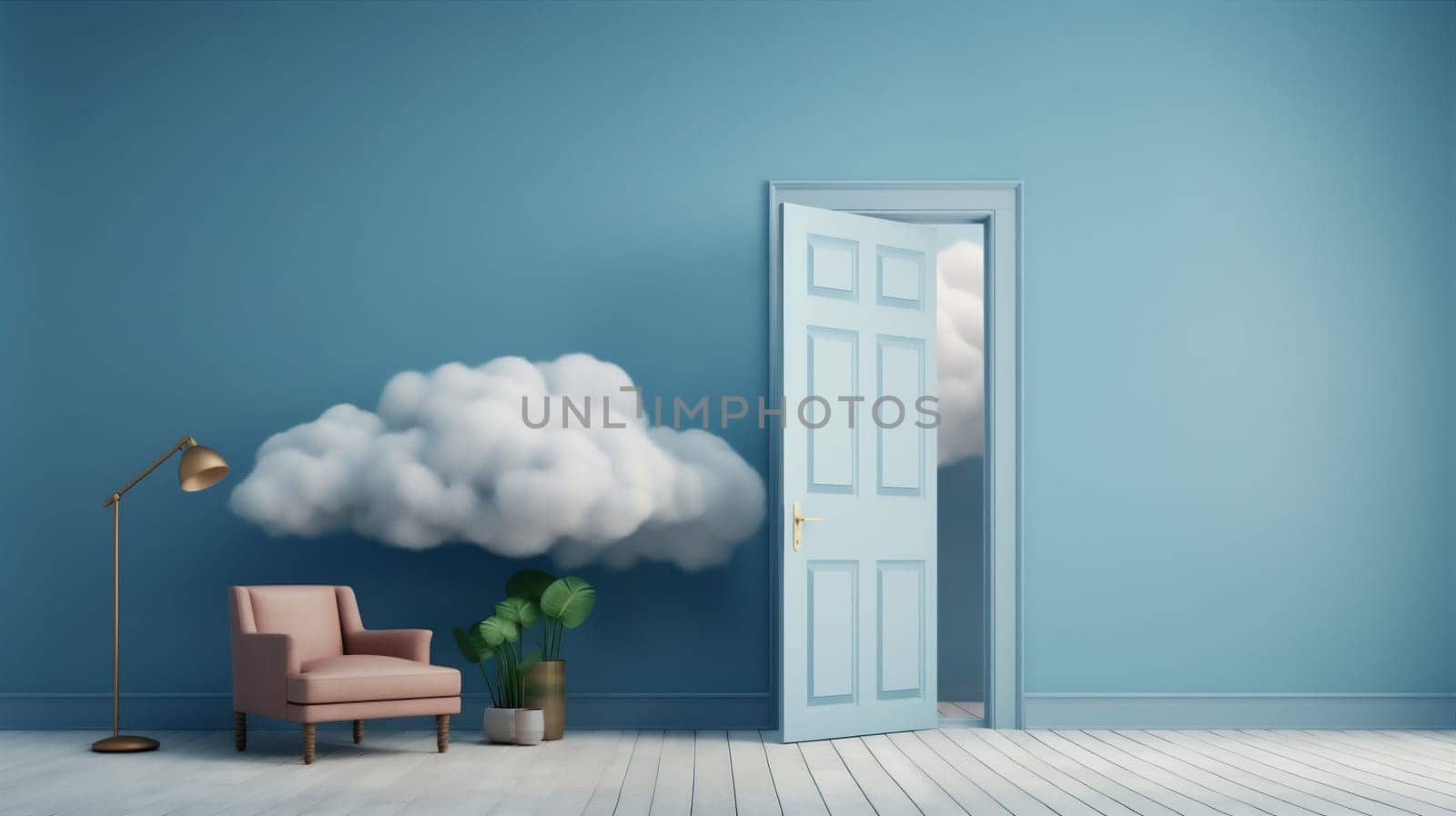 cloud abstract cylinder pedestal showcase minimal blue room door stage. Generative AI. by Vichizh