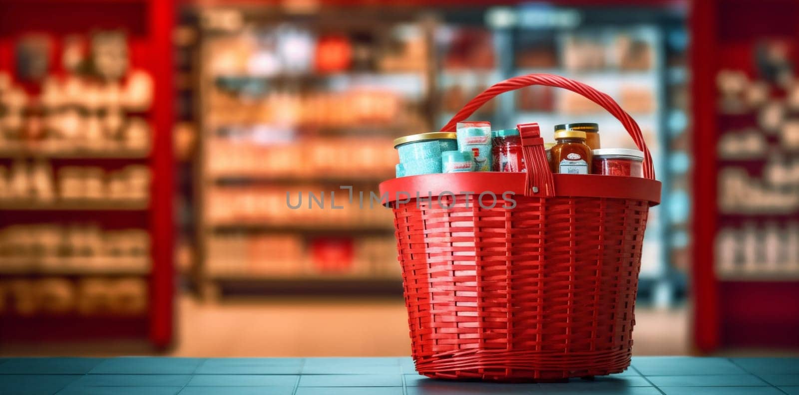 store illustration shop delivery e-commerce organic background market sell product supermarket person basket shopping retail red lifestyle grocery client food. Generative AI.