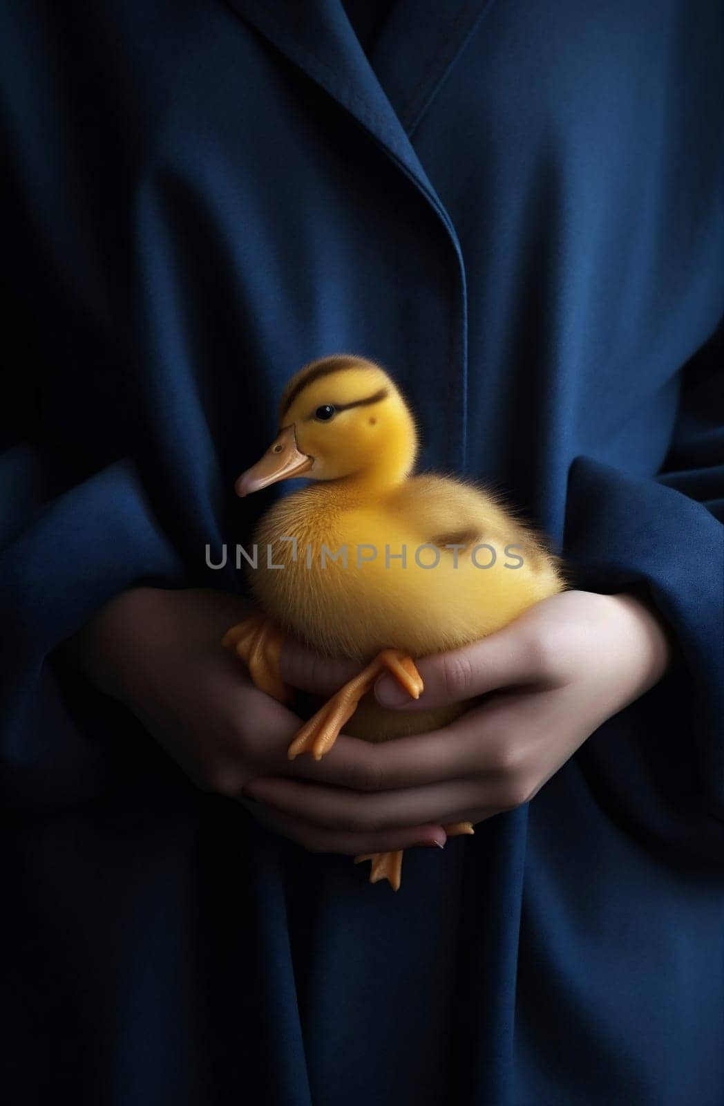 farm close-up yellow girl duckling hand little duck child bird. Generative AI. by Vichizh