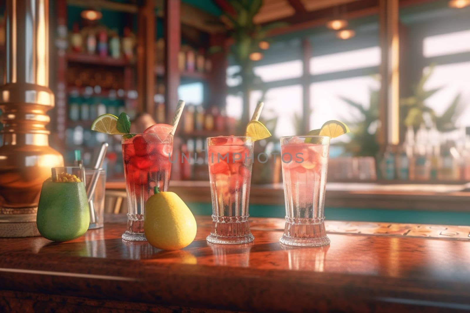 interior lime fresh mixed bar party beverage juice drink nightclub slice alcohol vacation glass refreshment cold cocktail vintage ocean tropical ice. Generative AI.