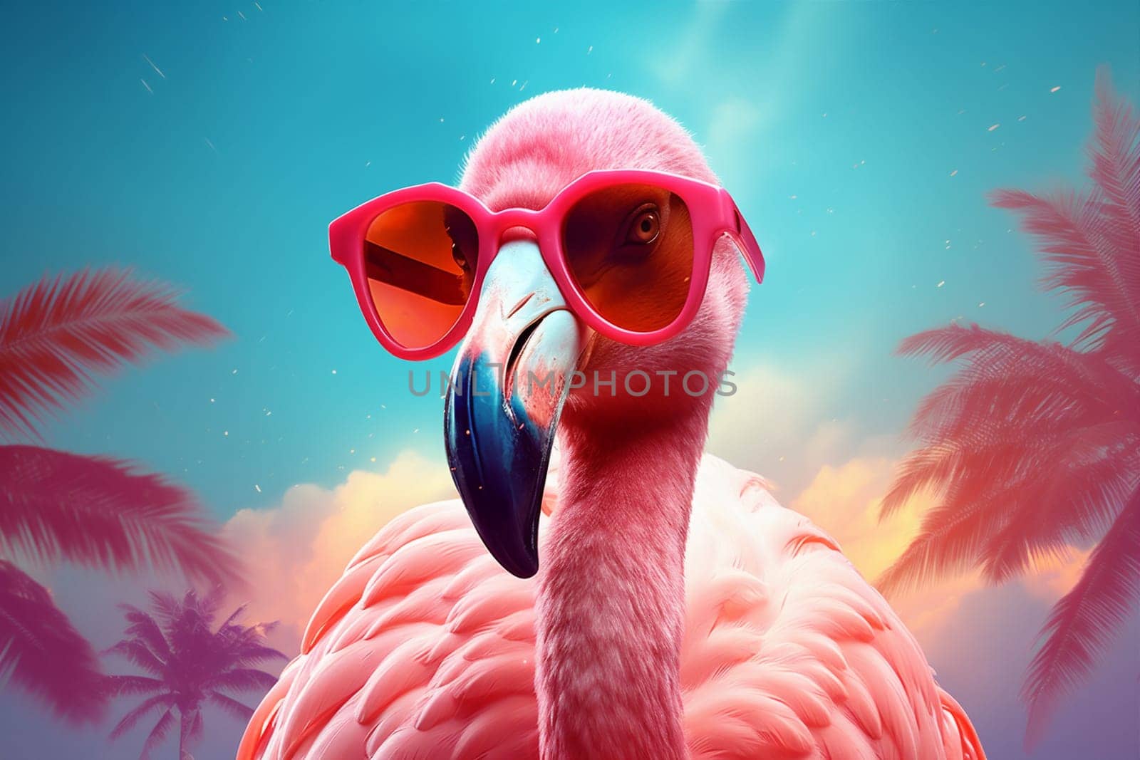 sunglasses party bird summer feather hipster pink tropical animal flamingo. Generative AI. by Vichizh