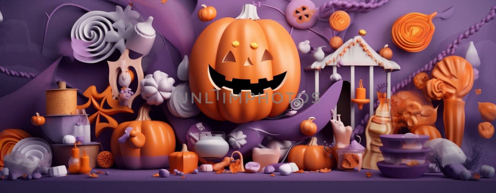 cake nobody sugar party seasonal pumpkin candy decorated celebration spider holiday creepy treat lilac sweet purple table decoration halloween orange. Generative AI.