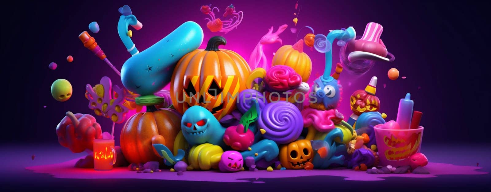 dessert pumpkin candy celebration creepy purple horror symbol party spider table holiday orange treat sweet colorful bat halloween autumn ghost. Generative AI.