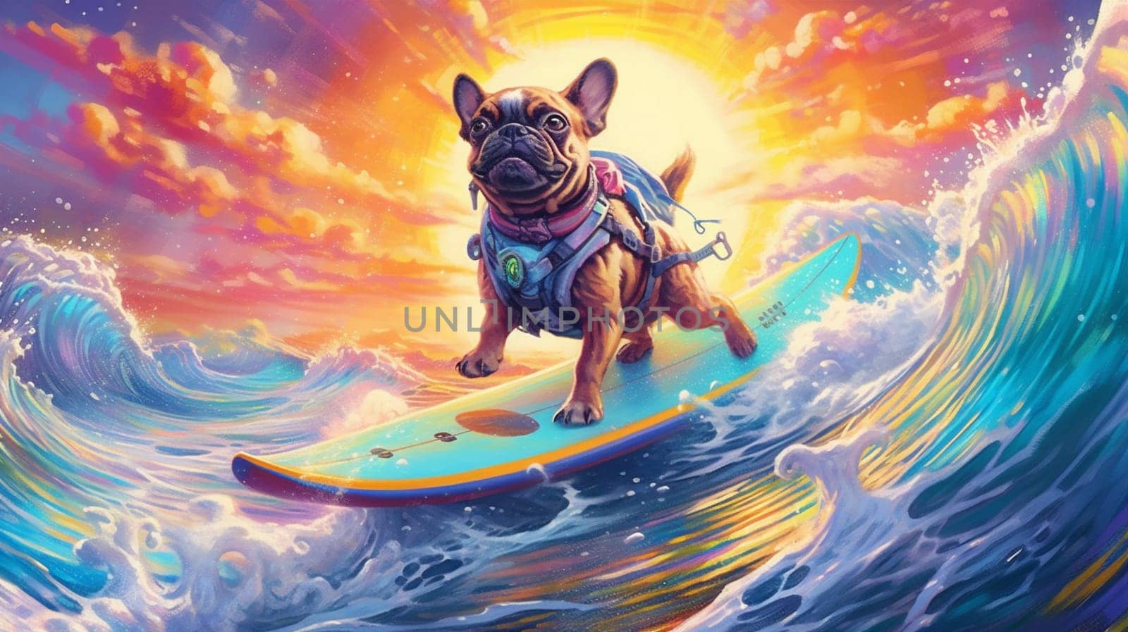 dog surfboard wave funny animal power puppy board sport travel vacation beach cute surfer trip fun joke california ocean summer. Generative AI.