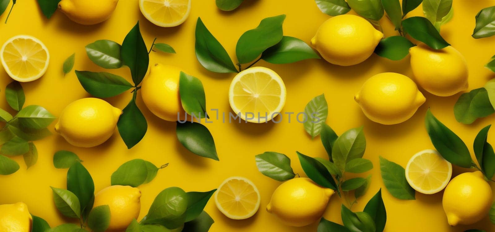 organic leaf healthy bright yellow slice view lemon flat fruit tropical top food juicy natural nature color concept fresh background summer juice. Generative AI.