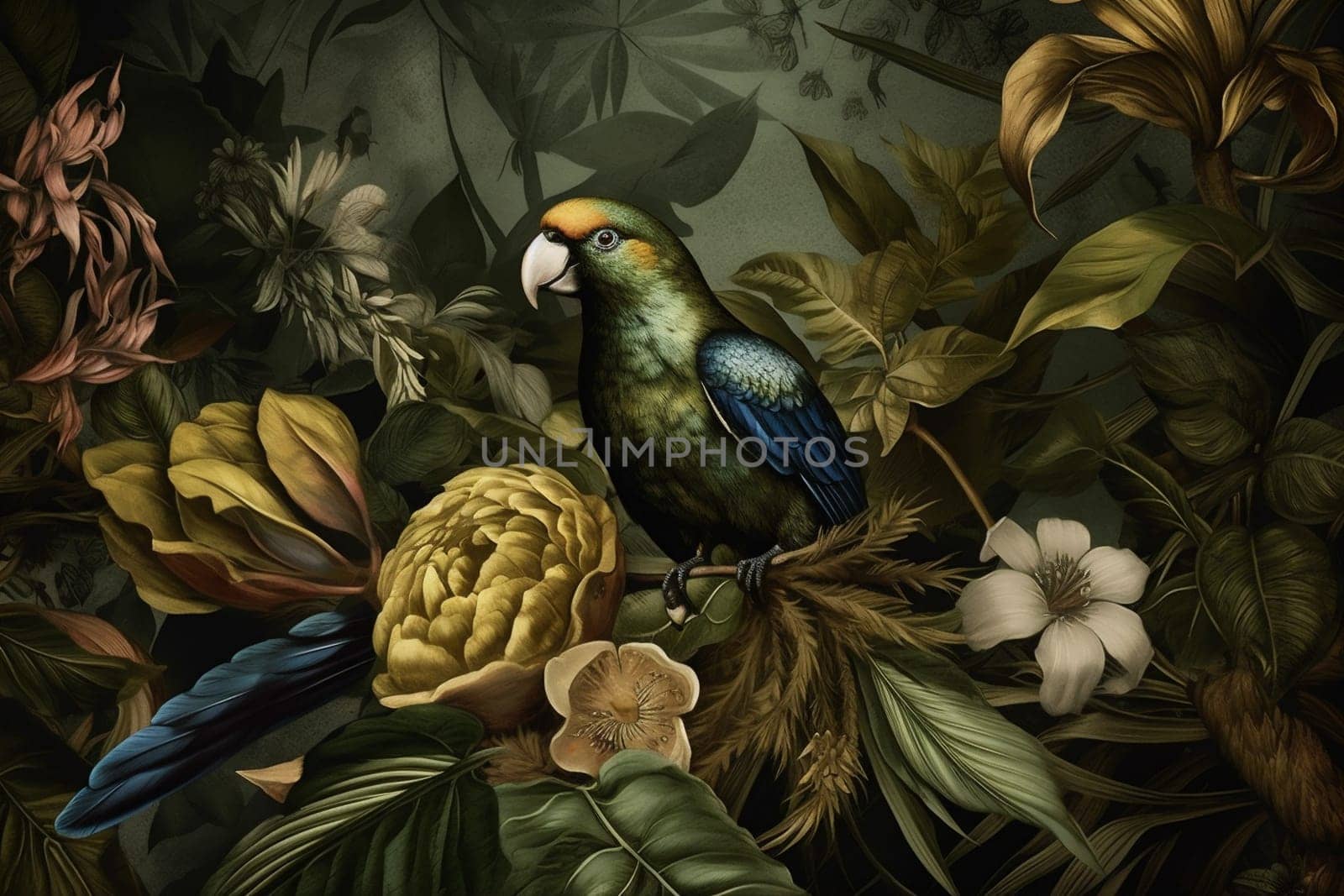 palm flower art tropical nature exotic bird wallpaper jungle leaf. Generative AI. by Vichizh