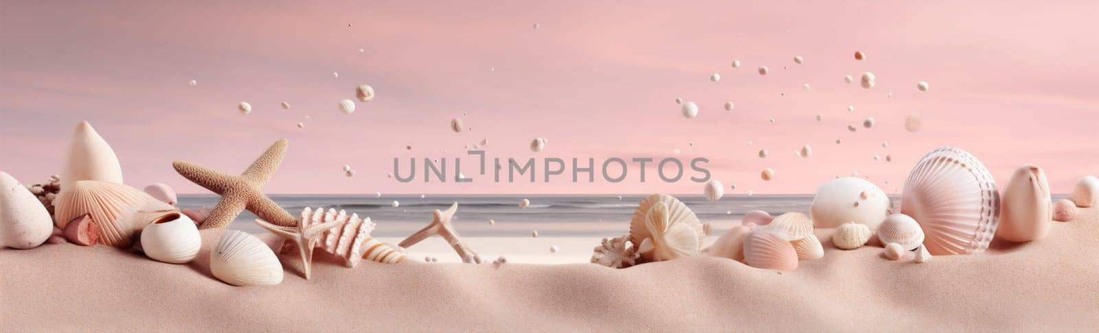 holiday shell summer nature sand tropical ocean banner sea beach. Generative AI. by Vichizh