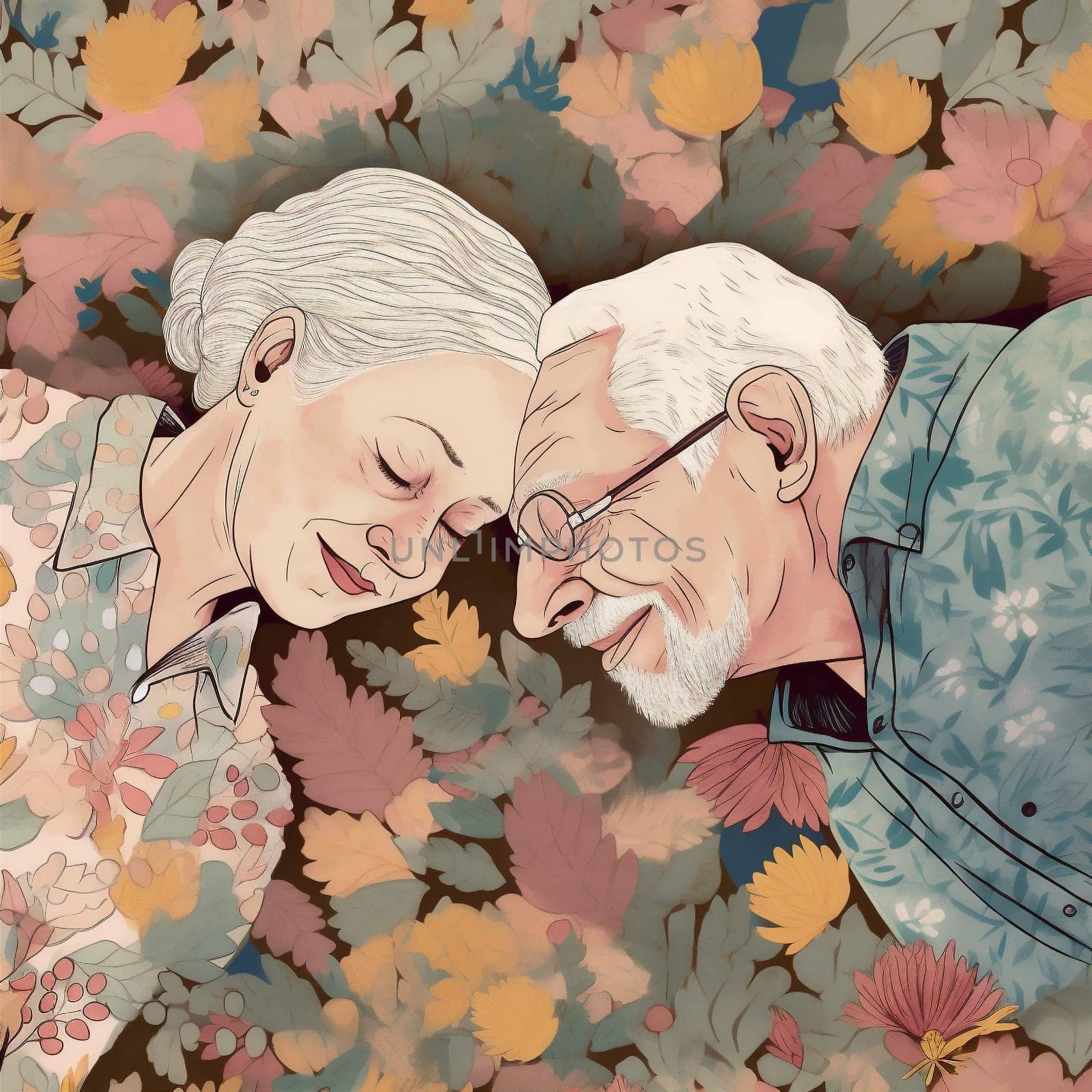 woman man book grandparent bedtime retired mature rest home relax asleep bed old elderly together couple cartoon illustration happiness happy love retirement. Generative AI.