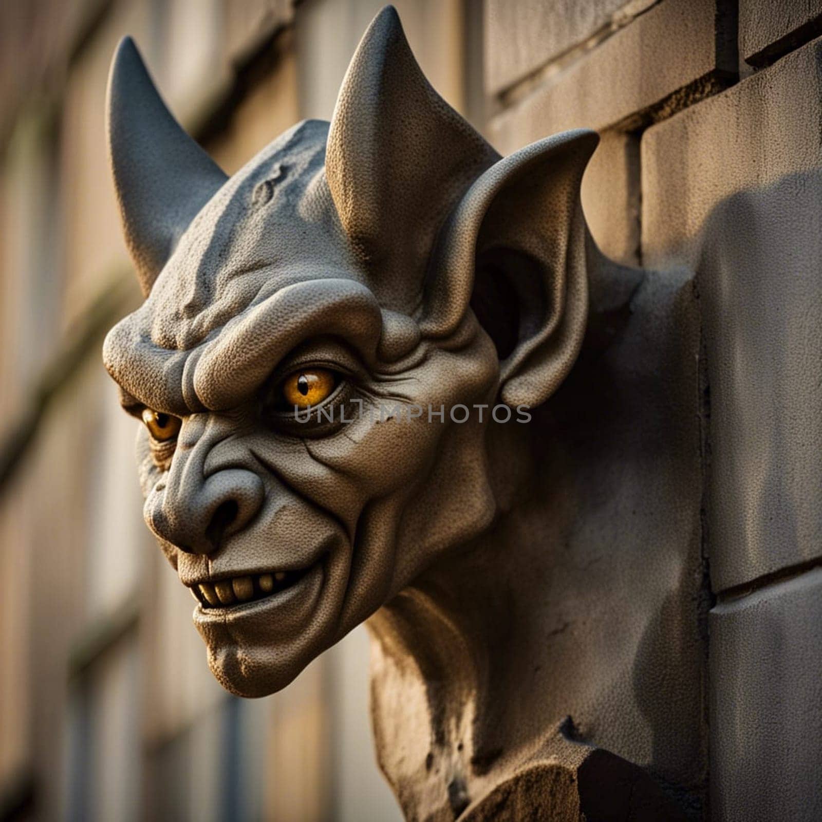 AI generated grotesque gargoyle ogre face hanging on a wall.