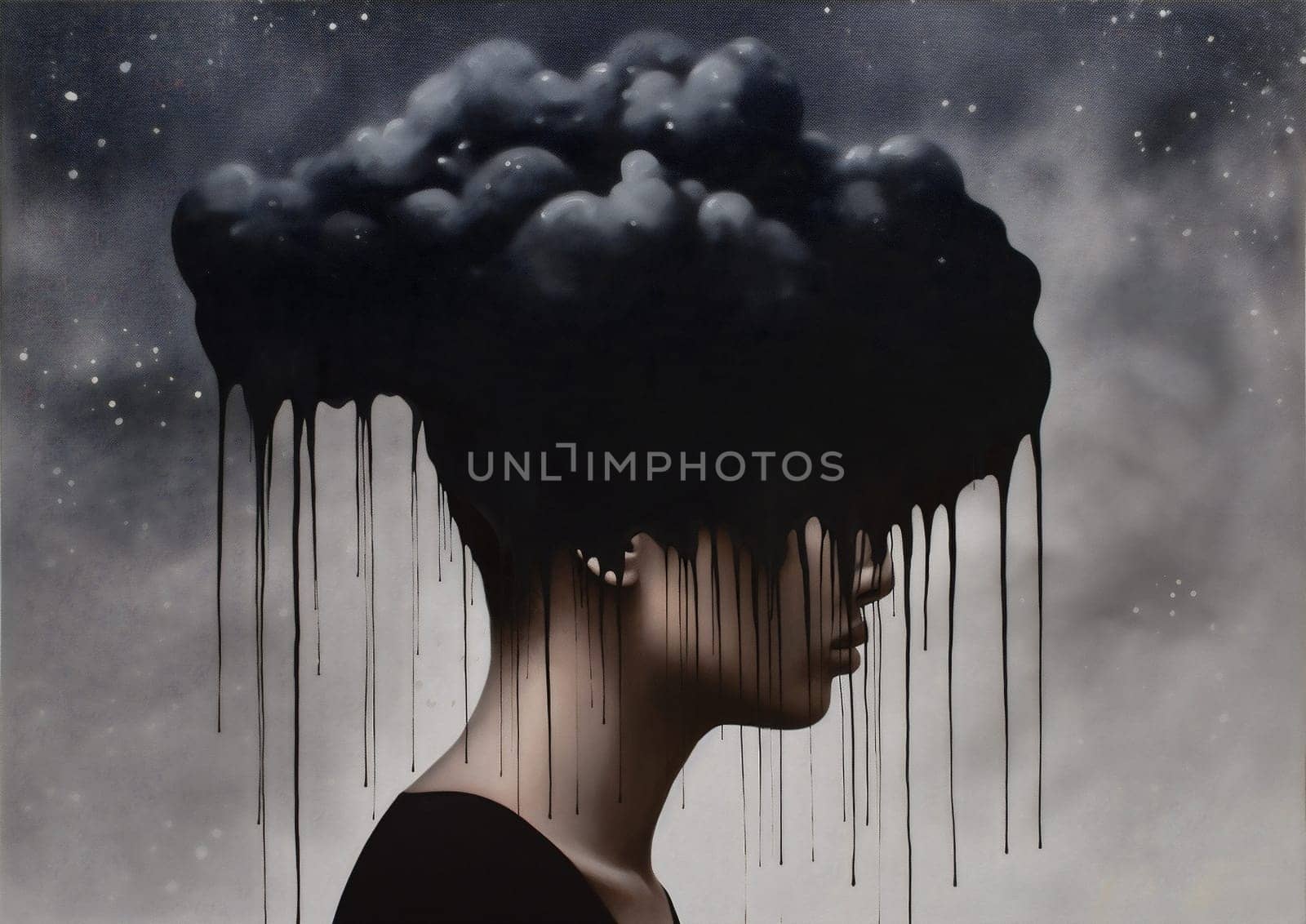 woman man conceptual portrait idea black concept creative poster dream cloud dramatic. Generative AI. by Vichizh
