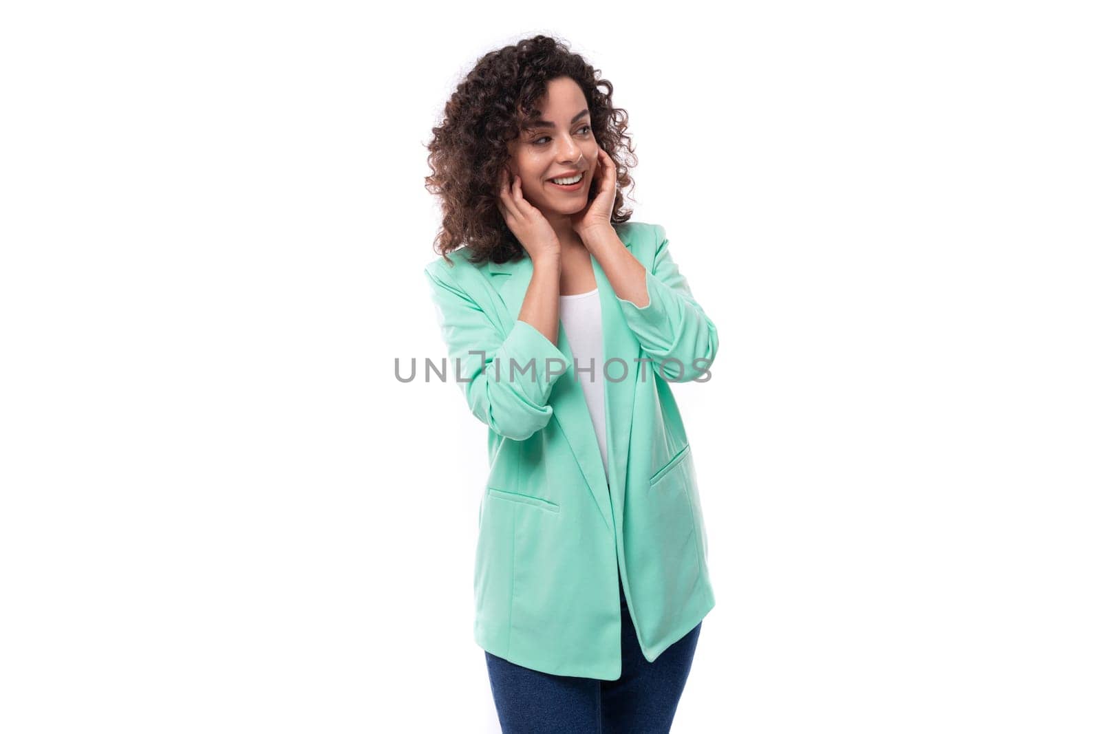 young slim enthusiast successful leader woman with curly black hair on white background by TRMK