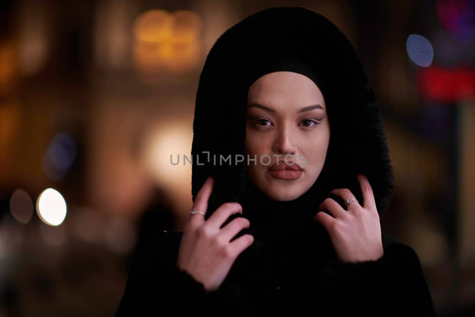 Young Muslim woman walking on urban city street on a cold winter night wearing hijab scarf veil a fashionable coat with bokeh city light in the background.