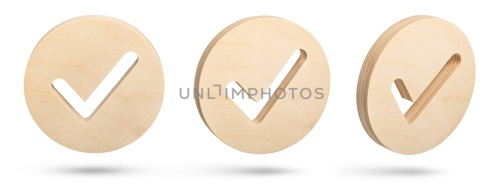 Set of check mark symbols from different sides on a white isolated background. A large wooden round check mark sign is falling down casting a shadow. High quality photo for a design or project