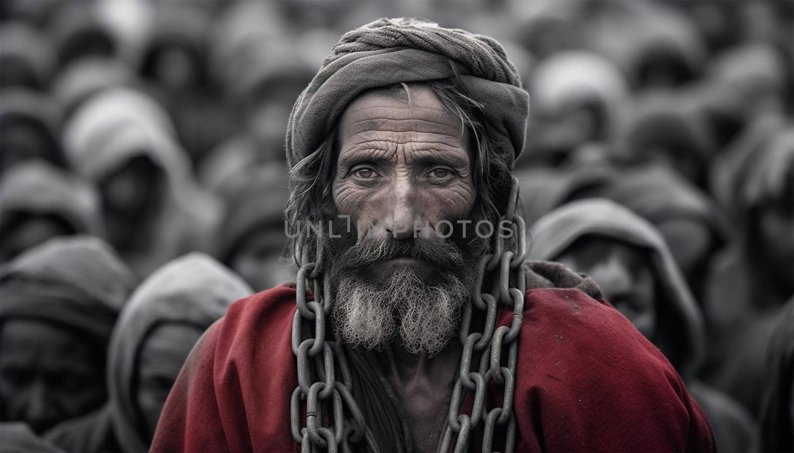 Portrait of black human in chains. Represetation history of slaves. Slave with chain. Slavery concept African slave people