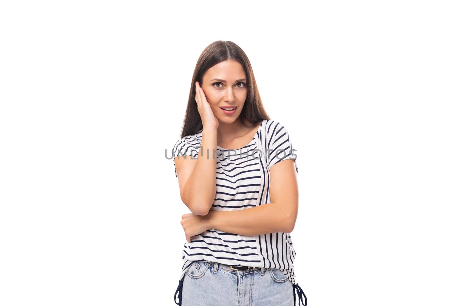 30 year old pretty brunette model woman with long straight hair dressed in a striped t-shirt on a white background with copy space by TRMK