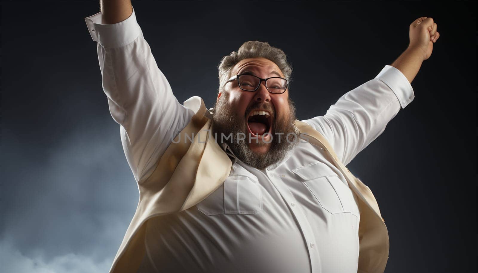 Obese person proud and happy jumping in the air. Full length photo of young fat overweight human jumping and hurrying to the gym to do exercises isolated on studio background. Workout sport, fitness and body positive concept overweight copy space